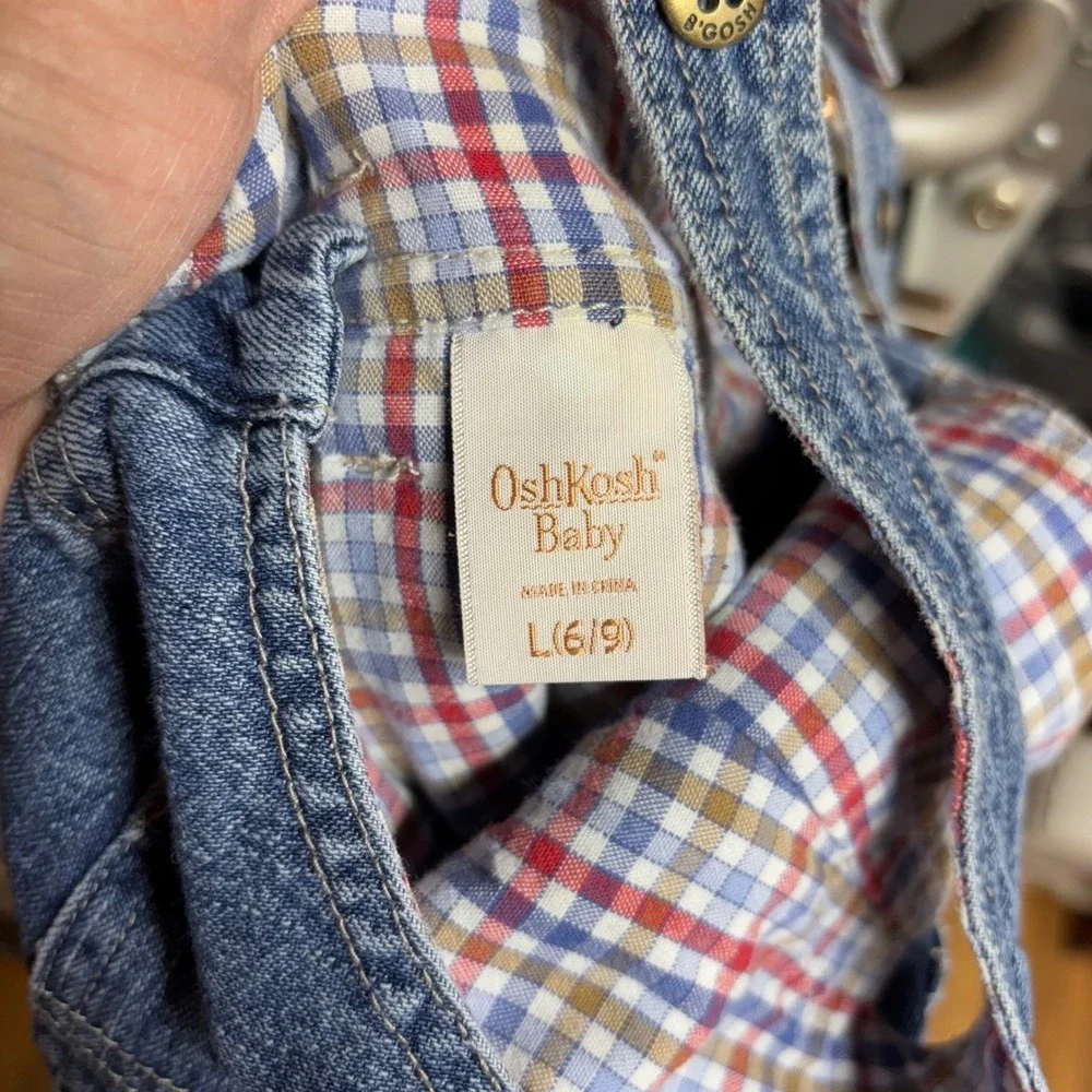 OshKosh B'gosh‎ Baby Denim Overalls Plaid Lining Size L 6/9 Months